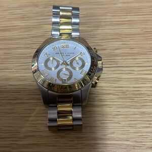 MICHAEL KORS SILVER AND GOLD WATCH WITH IRIDESCENT WHITE FACE WATCH